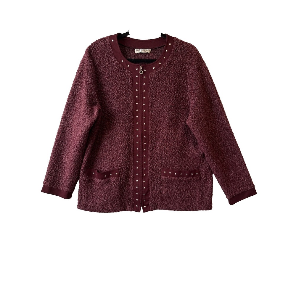 Cathy Daniels Boucle Full Zip Cardigan Jacket Studded Burgundy Red XL Retro Cozy